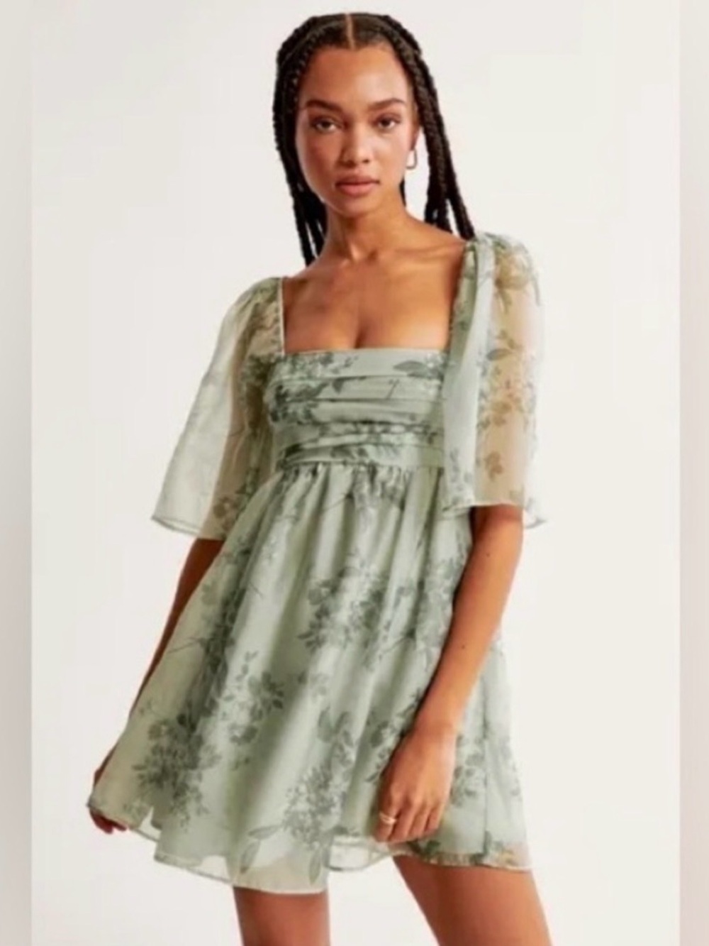 Abercrombie & Fitch Floral Square-Neck Mini Dress in Sage Green